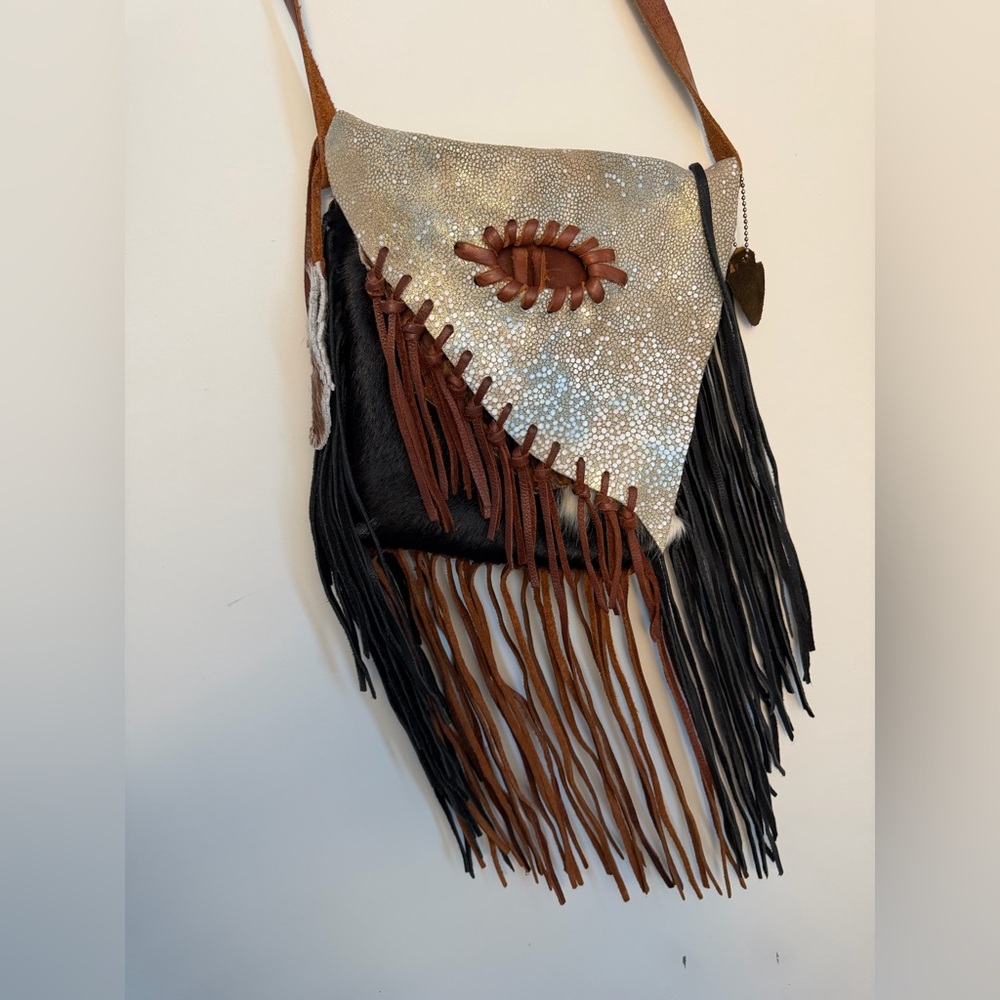 Handmade Soft Leather & Hair-On Hide Fringe Crossbody Purse ML Brand - Picture 2 of 16